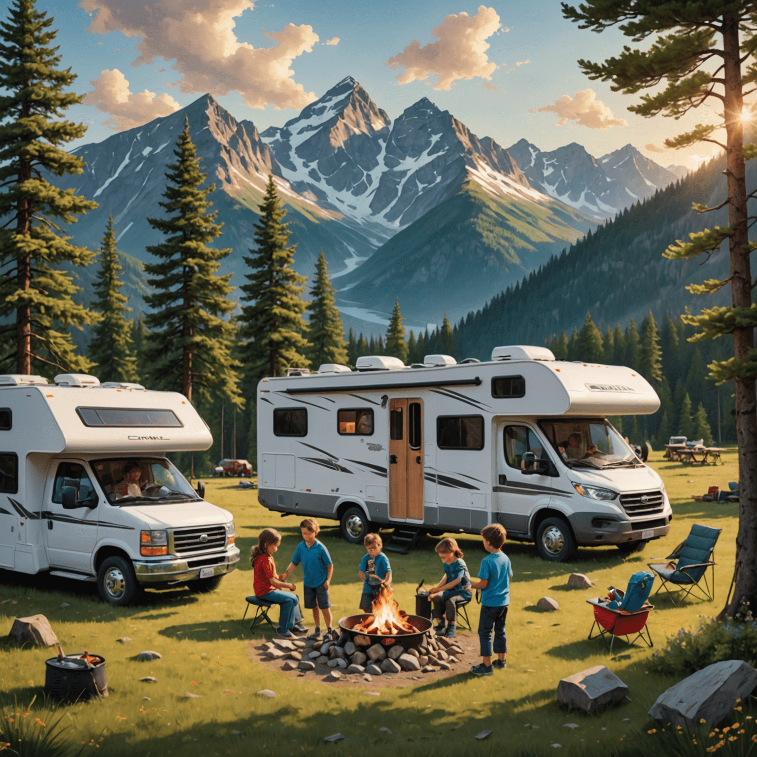 A family setting up their motorhome at a scenic campsite with mountains in the background. Children are playing nearby while parents prepare a campfire.