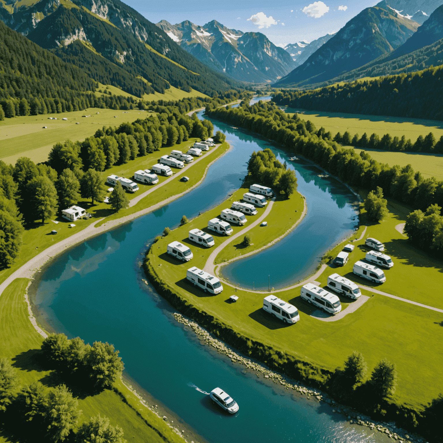 Aerial view of Camping Grubhof with motorhomes parked along a crystal-clear river, surrounded by lush green meadows and mountains