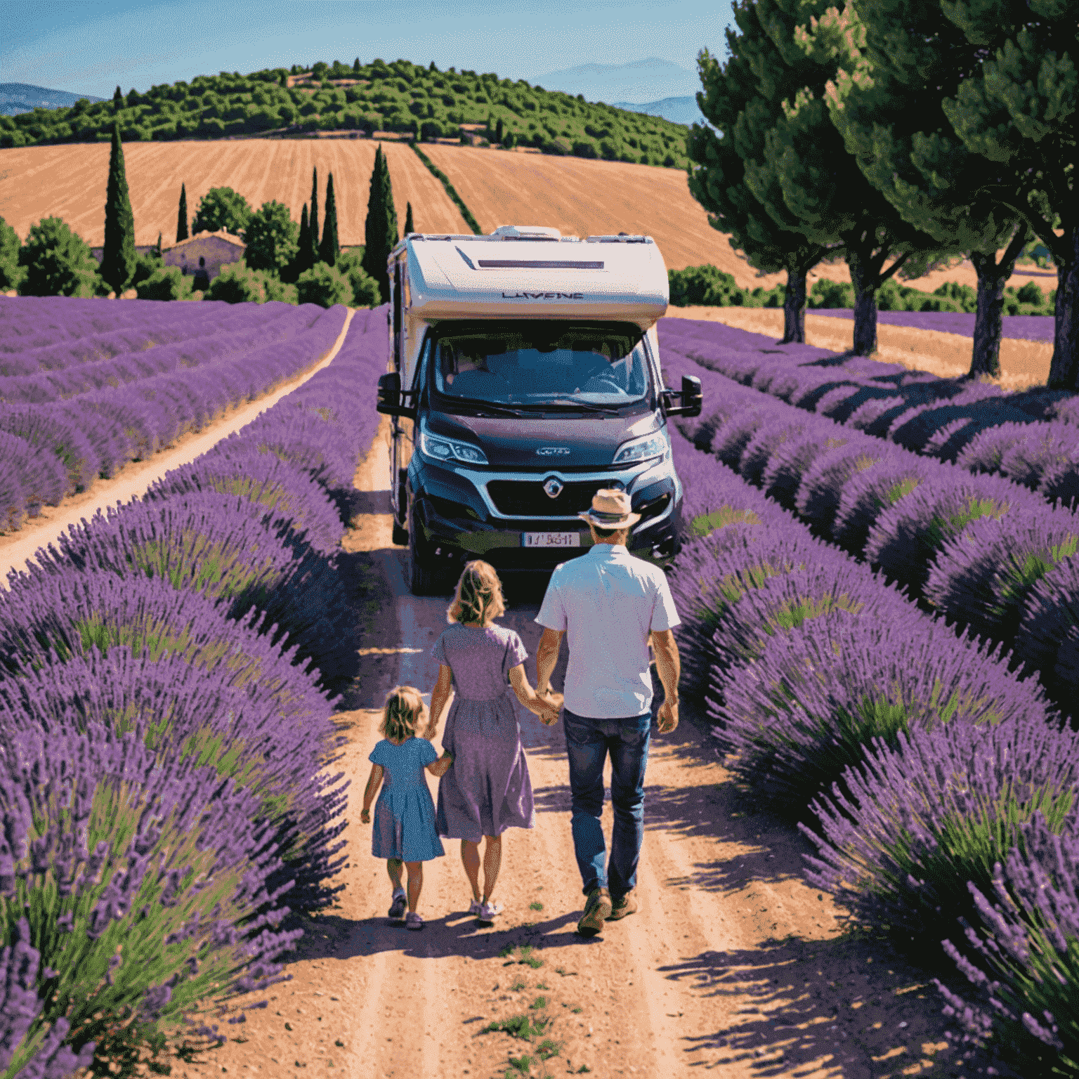 Family of three walking through vibrant purple lavender fields in Provence, France, with their motorhome parked on a nearby country road