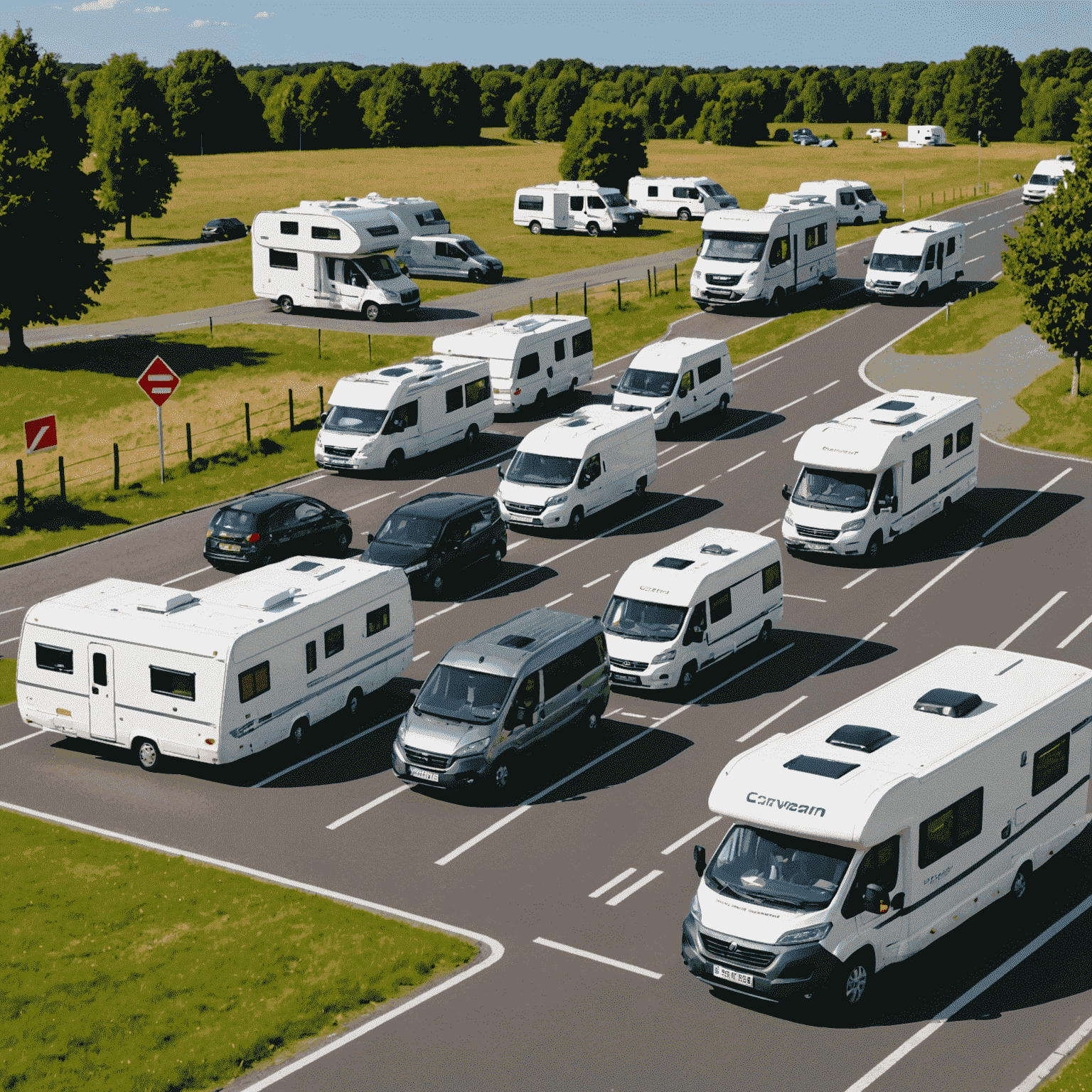 An infographic showing various European road signs related to caravan parking, with a motorhome parked in a designated area in the background.