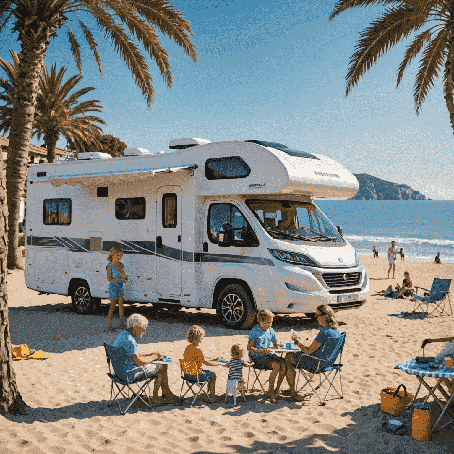 Family of four enjoying a sunny day at an Italian beach, with their motorhome parked in a nearby beachfront campsite